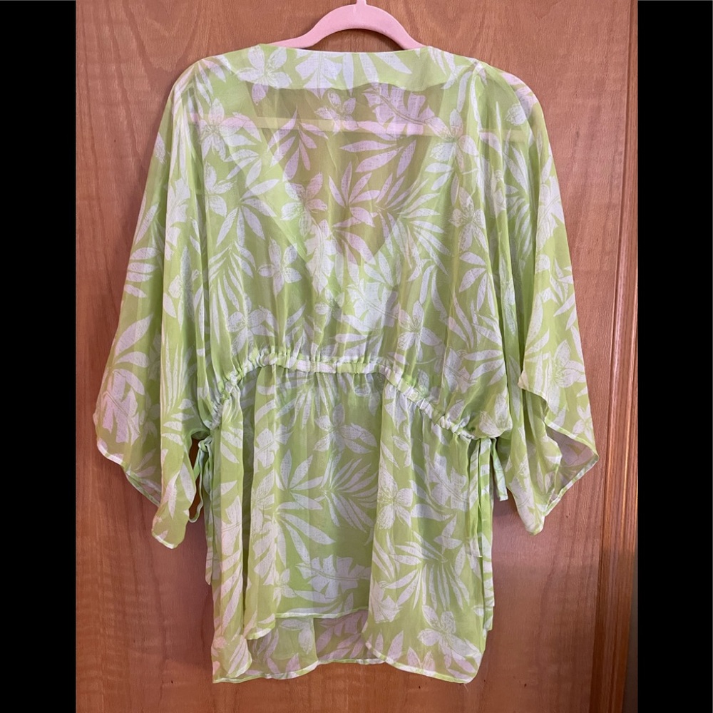 Beautiful bright green sheer blouse with white embellished neckline. - Picture 2 of 5